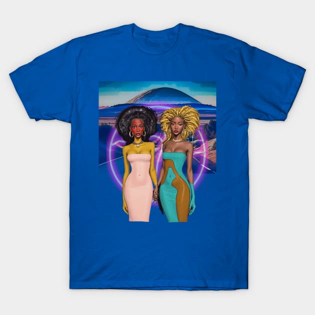 Two Afro Fashion Dolls with halo on desert road T-Shirt by PersianFMts